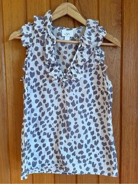 LOFT Ruffle V-Neck Sleeveless Top in White and Gray Animal Print